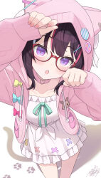  1girl :o absurdres animal_ear_hood aqua_ribbon azki_(hololive) azki_(yurufuwa_casual)_(hololive) bespectacled black_hair blush bow breasts character_pin choker collarbone commentary_request cowboy_shot different_shadow dress from_above glasses hair_ornament hairclip heart heart_choker highres hololive hood hood_up hoodie long_sleeves looking_at_viewer mille mole mole_under_eye multicolored_hair nail_polish official_alternate_costume open_clothes open_hoodie open_mouth paw_pose pink_choker pink_hoodie pink_nails pink_streaks red-framed_eyewear ribbon short_dress sidelocks signature simple_background small_breasts solo streaked_hair variant_set violet_eyes virtual_youtuber white_background white_dress white_streaks yellow_bow 