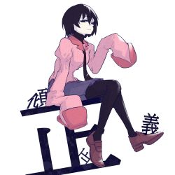  1girl absurdres black_eyes black_hair black_necktie black_pantyhose black_undershirt blue_skirt bob_cut breasts brown_shoes closed_mouth commentary empty_eyes full_body hair_between_eyes highres kanji_focus long_sleeves looking_at_viewer megateru monogatari_(series) naoetsu_high_school_uniform narrowed_eyes necktie oshino_ougi pale_skin pantyhose pink_shirt pleated_skirt puffy_sleeves school_uniform shirt shoes short_hair simple_background sitting skirt sleeves_past_fingers sleeves_past_wrists small_breasts smile solo undershirt white_background 