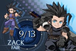  1boy anniversary armor artist_request belt black_gloves black_hair blue_eyes buster_sword character_name clenched_hand closed_mouth commentary_request copyright_notice crisis_core:_final_fantasy_vii cross_scar dated earrings final_fantasy final_fantasy_vii gloves highres jewelry looking_at_viewer low_poly male_focus medium_hair multiple_views official_art pants purple_pants purple_sweater ribbed_sweater scar scar_on_cheek scar_on_face shoulder_armor single_earring sleeveless sleeveless_sweater sleeveless_turtleneck smile spiky_hair square_enix stud_earrings suspenders sweater sword sword_on_back turtleneck turtleneck_sweater weapon weapon_on_back zack_fair 