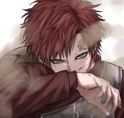  1boy aqua_eyes arm_up blood blood_on_face cocorozashiii forehead_tattoo gaara_(naruto) gourd long_sleeves looking_at_viewer male_focus naruto_(series) naruto_shippuuden parted_bangs parted_hair red_hair sand short_hair solo tattoo upper_body very_short_hair vest white_background wiping_nose 