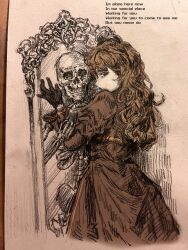  1girl black_gloves brown_dress brown_eyes brown_hair catherine_(project_moon) commentary cowboy_shot different_reflection dress gloves highres juliet_sleeves limbus_company lizireiko long_sleeves looking_at_viewer mirror project_moon puffy_sleeves reflection skeleton solo 