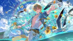  1boy abs absurdres aventurine_(honkai:_star_rail) aventurine_(waveflair)_(honkai:_star_rail) bandana_around_arm bird blonde_hair blue-tinted_eyewear blue_sky bracelet choker clouds commentary flower goggles goggles_on_head guaisanmu hawaiian_shirt highres honkai:_star_rail honkai_(series) jewelry male_swimwear necklace ocean official_alternate_costume open_clothes open_shirt rainbow seagull shirt sideless_shirt sky solo sunflower sunglasses tinted_eyewear untranslatable_commentary wading water white_male_swimwear yellow-framed_eyewear 