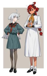  2girls ahoge baesong black_hairband black_pantyhose black_sailor_collar black_shoes blush border closed_mouth collared_dress commentary_request dress flying_sweatdrops green_serafuku green_shirt green_skirt grey_background grey_eyes grey_hair gundam gundam_suisei_no_majo hairband hands_on_own_hips highres index_finger_raised korean_commentary long_hair miorine_rembran multiple_girls neckerchief pantyhose ponytail red_hair sailor_collar sayonara_lara school_uniform serafuku shirt shoes simple_background skirt socks suletta_mercury thick_eyebrows white_border white_dress white_socks yellow_neckerchief 