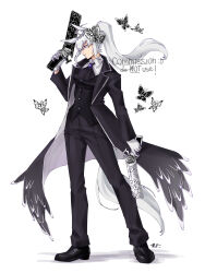  1girl absurdres alternate_costume ascot black_ascot black_coat black_pants black_shoes black_vest blue_eyes brooch bug butterfly butterfly_hair_ornament coat collared_shirt commentary commission dual_wielding e.g.o_(project_moon) english_commentary full_body gloves grey_hair gun hair_ornament highres holding holding_weapon jewelry long_coat long_hair looking_to_the_side marshal_kiske oguri_cap_(umamusume) pants ponytail project_moon shirt shoes signature simple_background solemn_lament_(e.g.o) solo suit_pants umamusume vest weapon white_background white_gloves white_shirt 