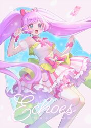  1girl :d ahoge aqua_eyes bare_shoulders bow breasts commentary_request copyright_name cover cover_page detached_sleeves doujin_cover dress dress_bow floating_hair frilled_dress frilled_thighhighs frills hair_bow highres long_hair manaka_laala mendamen multicolored_dress pink_bow pink_dress pretty_series pripara priticket puffy_detached_sleeves puffy_sleeves purple_hair see-through_clothes see-through_sleeves sleeveless sleeveless_dress small_breasts smile solo striped_clothes striped_dress thigh-highs twintails v v_over_eye very_long_hair white_dress white_thighhighs wrist_bow yellow_dress 