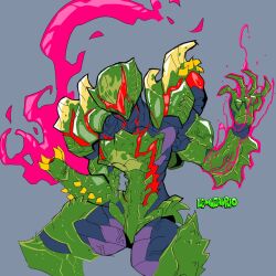  1girl arm_cannon armor blue_background commentary english_commentary glowing_armor green_armor green_helmet helmet highres lemuzaurio metroid metroid_ravenous metroid_suit official_alternate_costume power_armor power_suit_(metroid) red_assault_visor samus_aran science_fiction shoulder_armor shoulder_spikes simple_background solo spiked_armor spikes twitter_username weapon 