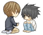  2boys animated_gif bags_under_eyes black_hair blink blinking blush brown_hair chibi death_note eating feeding food gif kneeling l lowres pixel_art sitting smile spoon transparent_background yagami_light 