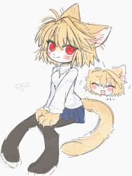  1girl animal_ear_fluff animal_ears animal_hands arcueid_brunestud arm_support black_pantyhose blonde_hair blue_skirt blush breasts cat cat_ears cat_girl cat_paws cat_tail closed_eyes commentary_request furry furry_female hair_between_eyes hands_on_own_thighs highres jewelry korean_commentary looking_at_viewer messy_hair miniskirt multiple_expressions necklace pantyhose plaid_clothes plaid_skirt rapop_fgo red_eyes short_hair sidelocks single_hair_intake sitting skirt slit_pupils smile solo sweater tail tsukihime tsukihime_(remake) white_background white_sweater yellow_fur 