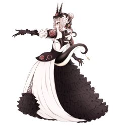  1girl black_gloves blonde_hair commentary_request dress flower frilled_dress frills gloves gohan_004 highres horns lethe_(mahoiku) long_dress magical_girl mahou_shoujo_ikusei_keikaku mahou_shoujo_ikusei_keikaku_queens reaching red_flower red_rose rose short_hair tail white_background 