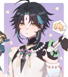 2boys absurdres aether_(genshin_impact) ahoge aqua_streaks arm_tattoo bead_necklace beads black_gloves black_hair blonde_hair blush border braid braided_ponytail bug chibi commentary crystalfly_(genshin_impact) detached_sleeves english_commentary expressionless eyeliner facial_mark falling_leaves feeding flying_sweatdrops food forehead_mark genshin_impact ginkgo_leaf gloves green_gloves hand_up highres holding holding_spoon jewelry kyou_0120 leaf long_hair looking_at_viewer makeup male_focus multicolored_hair multiple_boys necklace outside_border parted_bangs parted_lips pov pov_hands purple_background red_eyeliner shirt short_hair shoulder_spikes sidelocks single_braid single_detached_sleeve sleeveless sleeveless_shirt solo_focus speech_bubble spikes spoken_character spoon streaked_hair tassel tattoo tofu upper_body white_border white_shirt xiao_(genshin_impact) yellow_eyes 
