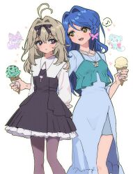  2girls antenna_hair black_bow black_dress black_hairband blue_hair bow bow_hairband braid breasts brown_hair butterfly_hair_ornament camisole camisole_over_clothes commentary cowboy_shot criss-cross_halter crossed_bangs dress empty_(neyo) fairy_(precure) food frilled_dress frills green_camisole hair_between_eyes hair_bow hair_intakes hair_ornament hairband halter_dress halterneck highres holding holding_ice_cream_cone howa_kurea ice_cream ice_cream_cone jewelry long_hair looking_at_another mashu-tan medium_hair meitantei_precure! moria_luluka multiple_girls musical_note necklace pantyhose parted_lips petticoat precure purple_pantyhose shushu-tan side_slit single_braided_sidelock small_breasts spoken_musical_note untranslatable_commentary violet_eyes white_dress 