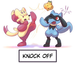  berry_(pokemon) black_fur blue_fur echobows english_text highres kicking mienfoo one_eye_closed open_mouth pink_fur pokemon pokemon_(creature) red_eyes riolu simple_background sitrus_berry tail two-tone_fur white_background yellow_fur 
