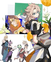  3boys 3girls :d ^_^ albedo_(genshin_impact) animal_ears aqua_coat aqua_eyes armor backpack bag balloon beret birthday birthday_cake black-framed_eyewear black_boots black_capelet black_coat black_gloves black_hood black_horns black_jacket black_shorts blonde_hair bloomers blue_dress blush boots braid brown_bag brown_boots brown_gloves cake candle capelet cecilia_flower_(genshin_impact) chain clipboard closed_eyes closed_mouth coat colored_eyelashes commentary_request crossed_bangs dragon_boy dragon_horns dragon_tail dress durin_(genshin_impact) elbow_gloves eyelashes flower food fur-trimmed_coat fur_trim genshin_impact glasses gloves gold_trim gradient_hair green_hair hair_between_eyes half_up_half_down_braid hand_on_own_hip hand_up hat highres holding holding_clipboard holding_flower holding_tray hood hood_down hooded_coat horns hug jacket klee_(genshin_impact) laughing leg_up long_hair long_sleeves looking_at_viewer looking_down looking_to_the_side low_twintails medium_hair multicolored_gloves multicolored_hair multiple_boys multiple_girls multiple_views newsboy_cap open_mouth pants parted_bangs parted_lips pauldrons petals profile purple_hair red_coat red_hat rhinedottir_(genshin_impact) semi-rimless_eyewear short_sleeves shorts shoulder_armor shrug_(clothing) single_pauldron smile standing standing_on_one_leg sucrose_(genshin_impact) symbol-shaped_pupils tail thick_eyebrows tray ttuyer0 twintails two-tone_gloves under-rim_eyewear upper_body varka_(genshin_impact) veil white_background white_bloomers white_coat white_dress white_flower white_gloves white_pants white_shrug white_veil yellow_eyes 