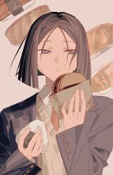  1boy absurdres black_eyes black_hair black_jacket blazer blunt_ends bread brown_sweater burger closed_mouth collared_shirt dress_shirt expressionless food food_wrapper half-closed_eyes highres holding holding_food jacket limbus_company long_sleeves looking_to_the_side male_focus middle_part necktie onigiri open_clothes open_jacket parted_bangs project_moon red_necktie ren_(project_moon) shirt short_hair sideways_glance simple_background solo sushi sweater upper_body white_shirt zhizhizi 