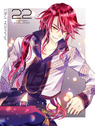  1boy aaron_wei artist_name belt black_shirt border character_name collarbone commentary_request countdown cropped_jacket crossed_legs curtained_hair dated dress_shirt dutch_angle eastern_dragon_print eiyuu_densetsu gradient_background grey_background grin half-closed_eyes heavy_lens_flare jacket kuro_no_kiseki_(series) kuro_no_kiseki_ii lens_flare long_hair long_sidelocks long_sleeves looking_at_viewer male_focus morning-peace narrowed_eyes navel_peek open_clothes open_jacket outside_border partially_unbuttoned ponytail popped_collar red_belt red_hair red_trim shirt sidelighting sidelocks simple_background sitting smile solo swept_bangs twitter_username upper_body v-shaped_eyebrows white_border white_jacket yellow_eyes 