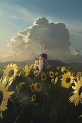  1girl amiya_(arknights) animal_ears arknights arm_up bare_arms bare_shoulders breasts brown_hair clouds commentary_request dress field flower flower_field highres light_rays long_hair looking_to_the_side ponytail rabbit_ears rabbit_girl scenery sky sleeveless sleeveless_dress small_breasts solo standing sunbeam sundress sunflower sunflower_field sunflower_petals sunlight white_dress wide_shot xiliang yellow_flower 
