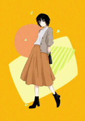  1girl abstract_background absurdres alternate_costume amagami arms_behind_back bag black_boots black_eyes black_hair blush boots cardigan closed_mouth commentary full_body grey_cardigan high_heel_boots high_heels highres holding holding_bag long_skirt looking_at_viewer nanasaki_ai orange_skirt oshizu shirt short_hair skirt solo standing standing_on_one_leg white_shirt 