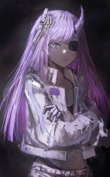  1girl absurdres blue_eyes cokei commentary_request eyepatch highres horns jacket long_sleeves looking_at_viewer navel original purple_hair simple_background solo 