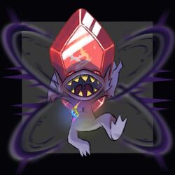  black_border border colored_teeth commentary english_commentary full_body gem grey_background highres holding holding_gem ih_illustrations_30 mega_evolution_symbol mega_pokemon mega_sableye open_mouth pokemon pokemon_(creature) pokemon_focus procreate_(medium) red_gem reflection sableye sharp_teeth solo teeth uvula yellow_teeth 
