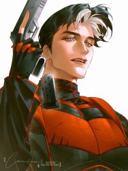  1boy absurdres batman_(series) batman_symbol black_bodysuit black_gloves black_hair blue_eyes bodysuit commentary_request dc_comics gloves highres jacket jason_todd male_focus multicolored_bodysuit muscular muscular_male open_clothes red_hood_(dc) rfnyn17381 short_hair superhero_costume taut_bodysuit taut_clothes two-tone_bodysuit western_comics_(style) 