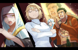  1boy 2girls ajirogasa antenna_hair arcueid_brunestud bead_bracelet bead_necklace beads belt beppu_mitsunaka black_dress black_eyes blonde_hair bracelet breasts buddhist_nun closed_eyes commentary_request commission cowering cross cross_necklace crossed_arms dress fate/extra fate/extra_ccc fate/grand_order fate_(series) gatou_monji green_hair hand_up hat highres jacket jewelry latin_cross looking_at_another medium_hair multicolored_hair multiple_girls necklace nervous_sweating nun nun_headdress open_clothes open_jacket orange_jacket own_hands_clasped own_hands_together prayer_beads praying scared sessyoin_kiara short_hair single_hair_intake skeb_commission sparkle spotlight sweat sweater tears tsukihime tsukihime_(remake) turtleneck turtleneck_sweater two-tone_hair white_hair white_sweater yellow_eyes 