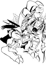  absurdres claw_(weapon) digimon digimon_(creature) digimon_adventure dragon eikenkobayashi greyscale highres lineart monochrome mugendramon non-humanoid_robot robot robot_dragon shoulder_cannon wargreymon weapon 