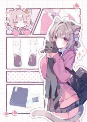  1girl ahoge animal animal_ear_fluff animal_ears bag black_shoes black_skirt blunt_bangs blush blush_stickers cat cat_ears cat_girl cat_tail closed_eyes closed_mouth cowboy_shot grey_hair hair_intakes hair_ornament heripiro highres holding holding_animal jacket long_sleeves multiple_views open_clothes open_jacket original pink_jacket plaid_clothes plaid_skirt pleated_skirt pom_pom_(clothes) pom_pom_hair_ornament red_eyes school_bag school_uniform shoes short_hair skirt socks tail two_side_up white_socks 