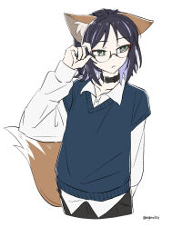  1girl adjusting_eyewear alternate_costume animal_ear_fluff animal_ears aqua_nails arm_behind_back belt_buckle belt_collar bespectacled black-framed_eyewear black_collar black_hair black_pants blue_sweater_vest bob_cut bright_pupils brown_tail buckle buttons cho_kaguya-hime! collar collarbone collared_shirt colored_inner_hair commentary cropped_torso dot_nose dress_shirt expressionless eyeliner fingernails flat_color forehead fox_ears fox_tail glasses hand_on_eyewear hand_up highres layered_sleeves long_sleeves looking_ahead makeup marucho_(nagamemaru) middle_part multicolored_hair nail_polish one_ear_down pants parted_lips purple_streaks red_eyeliner sakayori_iroha sakayori_iroha_(tsukuyomi) semi-rimless_eyewear shirt short_hair short_over_long_sleeves short_sleeves simple_background solo streaked_hair sweater_vest tail twitter_username two-tone_hair two-tone_tail under-rim_eyewear untucked_shirt v-neck white_background white_pupils white_shirt 