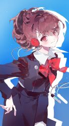  1girl black_jacket black_skirt blue_background bow bowtie brown_hair collared_shirt cowboy_shot dearstellar digital_walkman gekkoukan_high_school_uniform gradient_hair headphones highres jacket long_sleeves looking_at_viewer mp3_player multicolored_hair persona persona_3 persona_3_portable ponytail red_bow red_bowtie red_eyes school_uniform shiomi_kotone shirt simple_background skirt smile solo walkman_nw-s203f white_shirt 