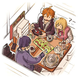  1girl 2boys ahoge alternate_costume aqua_flower artist_name bag black_bag black_shirt black_sleeves blazer blonde_hair blunt_ends bow bowtie brown_pants checkered_clothes checkered_pants clenched_hand contemporary drinking_straw fingernails flower food from_above genshin_impact glass hair_flower hair_ornament highres holding holding_plate holding_utensil index_finger_raised indoors jacket lapels layered_shirt long_sleeves looking_at_another lumine_(genshin_impact) multiple_boys o_o open_mouth orange_hair pants partially_unbuttoned pink_bow pink_bowtie pink_sweater_vest plate purple_hair purple_sweater restaurant scaramouche_(genshin_impact) school_uniform shirt short_hair short_hair_with_long_locks sidelocks sitting sizzler_plate spoon sweater sweater_vest taka35_35 tartaglia_(genshin_impact) undershirt v-neck white_shirt white_sleeves 