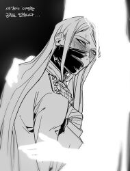  1boy 1girl bandaged_hand bandages black_background blush brother_and_sister collared_jacket commentary_request covered_mouth danganronpa_(series) danganronpa_v3:_killing_harmony gakuran ghost greyscale hand_on_own_shoulder head_on_chest high_collar hug jacket korean_commentary korean_text layered_sleeves long_hair long_sleeves looking_at_another male_focus mask missing_headwear monochrome mouth_mask saman_zero7 school_uniform shinguji_korekiyo shinguji_korekiyo's_sister shoulder_pads siblings silhouette simple_background straight_hair sweat translation_request very_long_hair zipper 