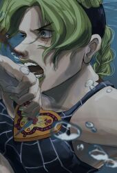  animal_print birthmark black_shirt blood braid braided_base bubble bug bun_with_braided_base butterfly butterfly_print cone_hair_bun crop_top double_bun eyeshadow green_eyes green_eyeshadow green_hair green_lips green_nails hair_bun highres joestar_birthmark jojo_no_kimyou_na_bouken kujo_jolyne looking_to_the_side makeup multicolored_hair nail_polish nosebleed open_mouth screaming shirt stone_ocean teeth two-tone_hair umeko_(00_nro9) underwater 
