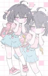  1girl absurdres ahoge backpack bag black_hair blue_skirt blush blush_stickers bow charm_(object) child closed_mouth collared_shirt commentary crime_prevention_buzzer full_body grid_background hair_between_eyes hair_bow hair_ornament hairclip half-closed_eyes hands_on_own_cheeks hands_on_own_face hands_up heart highres izumi_(yura_izumi) kneehighs looking_at_viewer multiple_views original pink_bag pink_bow pink_eyes pink_shirt randoseru shirt shirt_tucked_in shoes short_hair short_sleeves skirt sneakers socks solo standing suspender_skirt suspenders untranslatable_commentary x_hair_ornament zoom_layer 