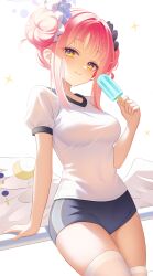  1girl absurdres alternate_costume angel_wings blue_archive blue_shorts chijiandeyusang commentary_request double_bun feathered_wings food gym_shorts gym_uniform hair_bun halo highres holding holding_food holding_ice_cream ice_cream looking_at_viewer low_wings mika_(blue_archive) pink_hair pink_halo shirt shorts sitting smile solo thigh-highs white_background white_shirt white_thighhighs white_wings wing_ornament wings 