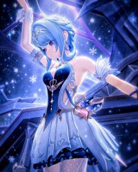  1girl athletic_leotard ballerina ballet bilingual_commentary blue_hair commentary dancing game_screenshot genshin_impact highres leotard mixed-language_commentary odette_(genshin_impact) solo thigh-highs violet_eyes 