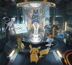 :3 air_bubble artist_request blue_eyes bright_pupils bubble cable commentary_request floating full_body grookey indoors mew_(pokemon) mewtwo monitor official_art open_mouth pikachu poke_ball_symbol pokemon pokemon_(creature) pokemon_focus scorbunny second-party_source smile sobble stasis_tank white_pupils 