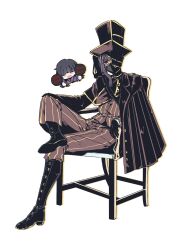  2girls araya_(project_moon) black_gloves black_hair brown_pants brown_shirt chair commentary_request gloves half_mask hand_on_own_leg hat haute_couture::le_noir_footwear_hall_(identity)_(project_moon) highres leg_up limbus_company long_hair mask mother_and_child mother_and_daughter mouth_mask multiple_girls nana_nana_bot on_chair pants parent_and_child project_moon red_eyes ryoshu_(project_moon) shirt simple_background sitting striped_clothes striped_pants striped_shirt weapon weapon_on_back 