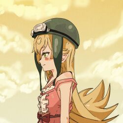  absurdres blonde_hair bow from_side helmet highres monogatari_(series) oshino_shinobu red_bow smile vampire 