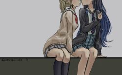  2girls anhanevivids azusawa_kohane black_cardigan black_hair black_socks blue_hair blue_necktie blue_skirt brown_hair brown_shirt cardigan collared_shirt commentary gradient_hair grey_background grey_skirt highres imminent_kiss kamiyama_high_school_uniform_(project_sekai) kneehighs miyamasuzaka_girls'_academy_school_uniform multicolored_hair multiple_girls necktie open_mouth plaid_clothes plaid_skirt pleated_skirt project_sekai sailor_collar school_uniform shiraishi_an shirt short_twintails simple_background sitting skirt socks twintails twitter_username white_sailor_collar white_shirt yuri 