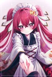  1boy 1girl absurdres blush bridal_gauntlets commentary_request dress eastxeden floral_print floral_print_kimono frilled_dress frilled_headwear frills hair_ornament hairclip highres japanese_clothes jouizumi_masamune kimono long_hair long_sleeves print_kimono reaching reaching_towards_viewer red_eyes red_hair ribbon smile tenka_hyakken two_side_up white_ribbon wide_sleeves 