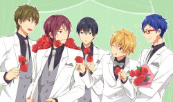  5boys black_hair black_shirt blonde_hair blue_hair bow bowtie brown_hair collared_shirt commentary_request flower flower_in_mouth free! glasses green_background grey_bow grey_bowtie grey_necktie grey_vest hazuki_nagisa holding holding_flower jacket long_sleeves male_focus matsuoka_rin mo_(nmnme) multiple_boys nanase_haruka_(free!) necktie red-framed_eyewear rose ryuugazaki_rei shirt short_hair sparkle suit_jacket tachibana_makoto upper_body vest white_jacket 
