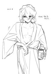  ... 1boy can canned_coffee collarbone drink_can hair_between_eyes haman_0110 holding holding_can japanese_clothes kimono looking_ahead male_focus medium_hair messy_hair pectorals sash sketch solo tohno_shiki_(original) tsukihime white_background wide_sleeves 