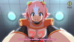  1girl breasts godichi grey_hair highres mega_man_(series) mega_man_x:_command_mission mega_man_x_(series) multicolored_hair nana_(mega_man_x:_command_mission) number_pun pink_hair pov short_hair two-tone_hair 