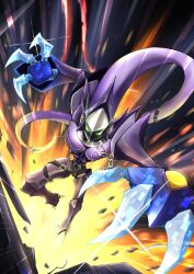  absurdres armor attacking_viewer claws commentary_request digimon digimon_(creature) dowa_d_715 full_body green_eyes highres midair purple_armor snatchmon solo 