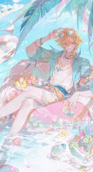  1boy abs absurdres aoma_(xuanzexuexi) aqua-tinted_eyewear aqua_shirt aqua_streaks aventurine_(honkai:_star_rail) aventurine_(waveflair)_(honkai:_star_rail) beach bird blonde_hair blue_hawaii bracelet braid cocktail commentary crossed_legs dutch_angle eyewear_on_head gold_necklace hair_between_eyes hawaiian_shirt highres honkai:_star_rail honkai_(series) jewelry linea_alba looking_at_viewer male_focus male_swimwear multicolored_hair neck_tattoo necklace official_alternate_costume open_clothes open_shirt palm_tree seagull shirt sitting smile soaking_feet solo streaked_hair sun sunglasses swim_ring tattoo tinted_eyewear tree water white_male_swimwear yellow-framed_eyewear 