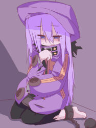  1girl ashi_karekusa bad_id bad_pixiv_id ball_and_chain_restraint barefoot black_leggings cuffs full_body hair_between_eyes hand_up hat leggings long_hair open_mouth purple_hair purple_hat sekaiju_no_meikyuu sekaiju_no_meikyuu_3 shadow sitting small_sweatdrop solo tearing_up torn_clothes torn_leggings violet_eyes zodiac_(sekaiju) zodiac_2_(sekaiju) 