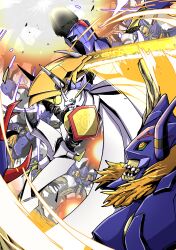  absurdres arm_blade arm_cannon blue_eyes cape commentary_request diablomon digimon digimon_(creature) digimon_adventure digimon_adventure:_bokura_no_war_game eikenkobayashi highres mecha omegamon robot solo_focus sword weapon white_cape 