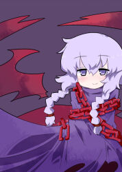  1girl ashi_karekusa bad_id bad_pixiv_id braid chain cloak closed_mouth curse_maker curse_maker_2 dark_background hair_between_eyes hair_tie light_blush looking_at_viewer purple_background purple_cloak purple_hair sekaiju_no_meikyuu sekaiju_no_meikyuu_1 simple_background smile solo split_mouth straight-on twin_braids upper_body violet_eyes 