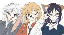  3girls :d :p ;p adjusting_eyewear alternate_costume animal_ear_fluff animal_ears aqua_nails belt_buckle belt_collar bespectacled black-framed_eyewear black_collar black_hair blonde_hair blue_eyes blue_sweater_vest bob_cut bright_pupils brown_necktie buckle buttons cardigan cho_kaguya-hime! collar collarbone collared_shirt colored_inner_hair commentary cropped dot_nose dress_shirt expressionless extra_ears eyeliner fingernails flat_color floppy_ears forehead fox_ears glasses grey_sweater hair_down hand_on_eyewear hand_on_own_chin hand_up hands_on_eyewear hands_up highres kaguya_(cho_kaguya-hime!) kaguya_(tsukuyomi)_(cho_kaguya-hime!) l_hand layered_sleeves light_blush long_hair long_sleeves looking_ahead looking_at_viewer lop_rabbit_ears makeup marucho_(nagamemaru) middle_part multicolored_hair multiple_girls nail_polish necktie one_ear_down one_eye_closed open_mouth orange_cardigan orange_eyes parted_lips portrait purple_nails purple_streaks rabbit_ears rabbit_girl raised_eyebrows rectangular_eyewear red_eyeliner runami_yachiyo sakayori_iroha sakayori_iroha_(tsukuyomi) school_uniform semi-circular_eyewear semi-rimless_eyewear shirt short_eyebrows short_hair short_over_long_sleeves short_sleeves simple_background smile straight_hair streaked_hair stroking_own_chin sweater sweater_vest swept_bangs thick_eyebrows tongue tongue_out two-tone_hair under-rim_eyewear v-neck white_background white_hair white_pupils white_shirt wing_collar 