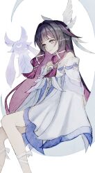  1girl animal_ears ankle_strap artist_name bare_shoulders black_hair blunt_bangs bow bright_pupils closed_eyes closed_mouth collarbone colored_inner_hair columbina_(genshin_impact) commentary creature crescent crescent_moon criss-cross_halter dress feathered_wings feet_out_of_frame genshin_impact gradient_hair hair_ornament hair_tubes halterneck head_wings highres kuuhenki_(genshin_impact) long_hair long_sleeves looking_to_the_side moon multicolored_hair multiple_wings off-shoulder_dress off_shoulder osuzu0613 pink_hair sidelocks simple_background sitting smile solo two-tone_hair untranslatable_commentary very_long_hair violet_eyes white_background white_bow white_dress white_pupils wide_sleeves wings wrist_bow x_hair_ornament 